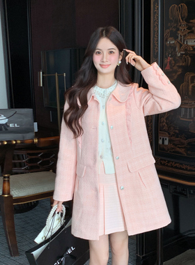 ATAR秋冬新款甜美气质少女感优雅显瘦中长小香风娃娃领编织呢外套