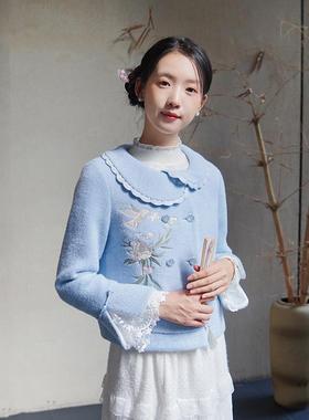 ATAR新中式毛呢外套秋冬新款设计感小众绣花时尚减龄淑女短款上衣