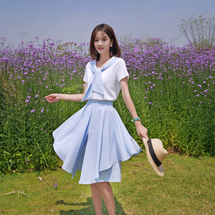 ATAR夏休闲清新风海军披肩领短袖T恤衫条纹半身短裤裙子两件套装