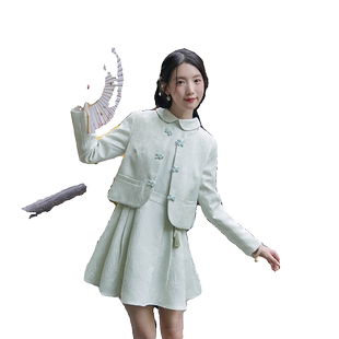 ATAR新中式国风套装春秋装新款小众盘扣短外套无袖连衣裙两件套