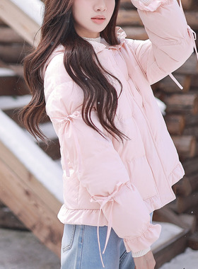 ATAR甜美淑女冬装新款蝴蝶结绑带袖连帽羽绒服 荷叶边保暖短外套