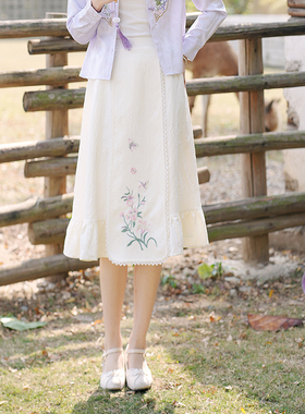 ATAR新中式国风刺绣半身裙 2025春夏装新款高腰显瘦绣花拼接裙子