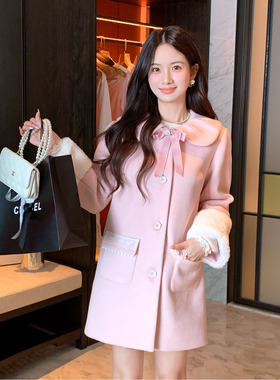 ATAR甜美淑女冬装蝴蝶结翻领毛呢外套 毛毛拼接保暖中长呢子大衣