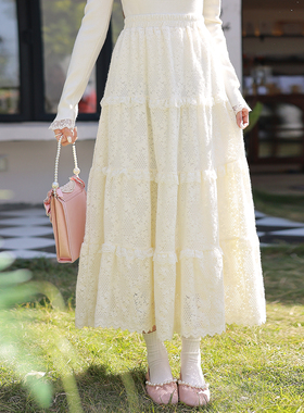 ATAR气质优雅冬季新款高腰花边拼接蕾丝加绒半身裙 仙女长裙子