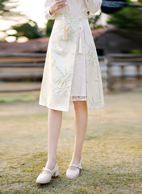 ATAR新中式春装新款斜开叉蕾丝拼接半身裙 女国风烫金提花小A裙子