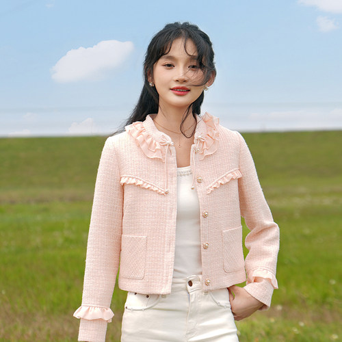 小香风女粗花呢木耳边短外套