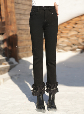 ATAR洋气冬装新款加绒牛仔九分裤 立体花镶钻裤脚女休闲小脚裤子