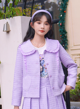 ATAR春装新款浪漫紫小香风粗花呢短款外套 2025木耳边娃娃领上衣