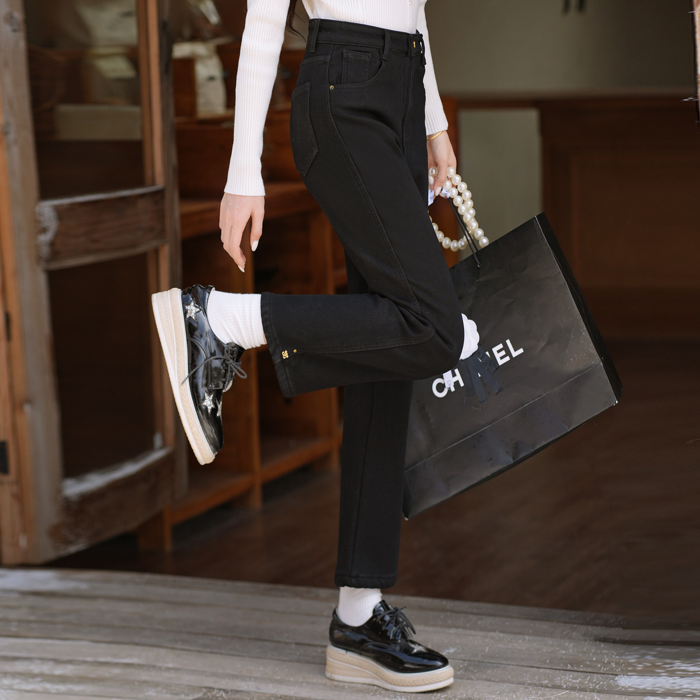 ATAR冬装加绒牛仔裤女气质百搭显瘦烟管裤子黑色修身保暖长裤新款,女装/女士精品,牛仔裤,淘宝优惠券,粉丝福利购,淘宝优惠卷