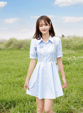 夏女装蝴蝶结盘扣衬衫短袖连衣裙