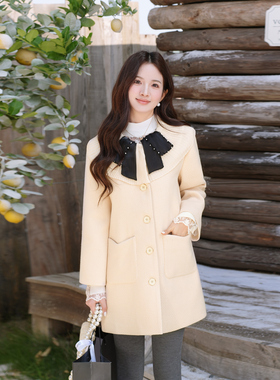 ATAR小清新蝴蝶结撞色毛呢大衣女中长款冬季新款修身显瘦呢料外套