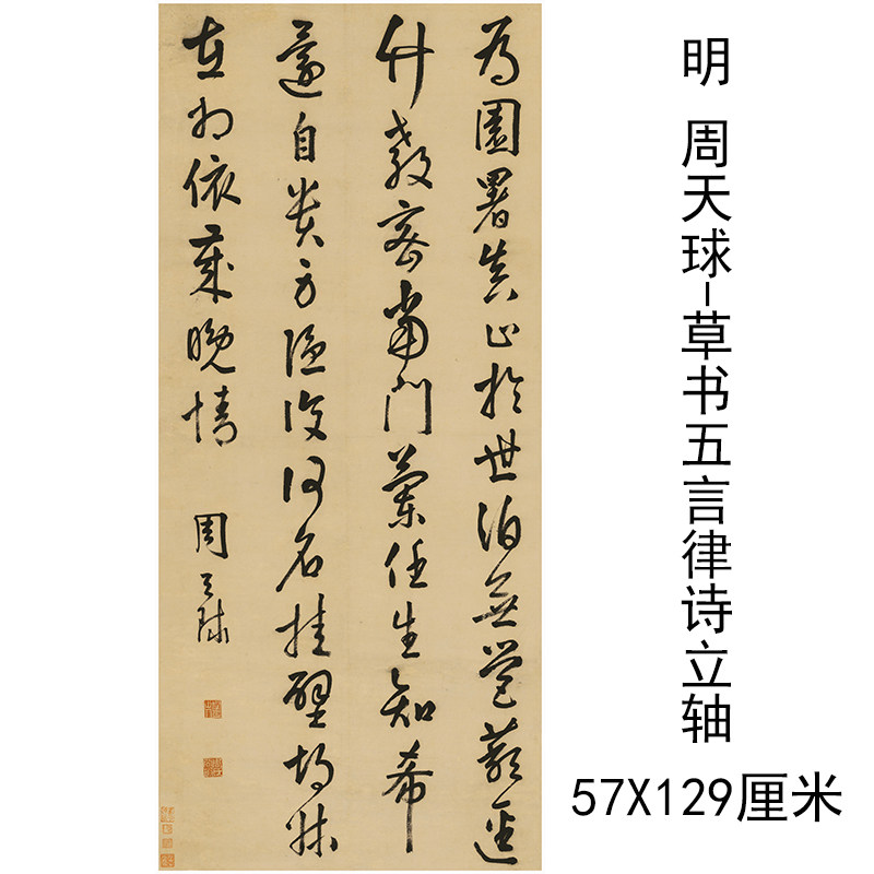 周天球 草书五言律诗立轴 复古书法字画条幅微喷仿古复制临摹装饰