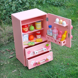 新款粉色草莓冰箱冷藏柜套装儿童木制过家家仿真玩具女孩生日礼物
