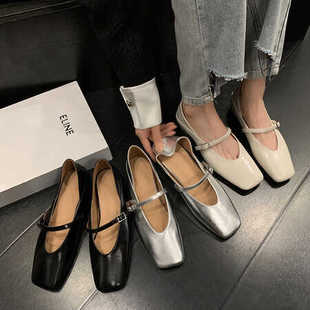 真皮法式复古晚风温柔配裙子内增高玛丽珍小银鞋方头平底银色单鞋