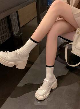 增高粗跟单鞋小皮鞋白色鞋子女