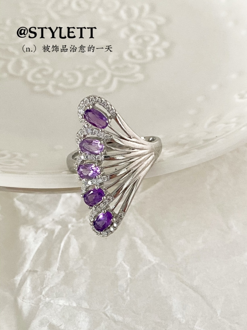 女电镀银中国风紫水晶戒指活口