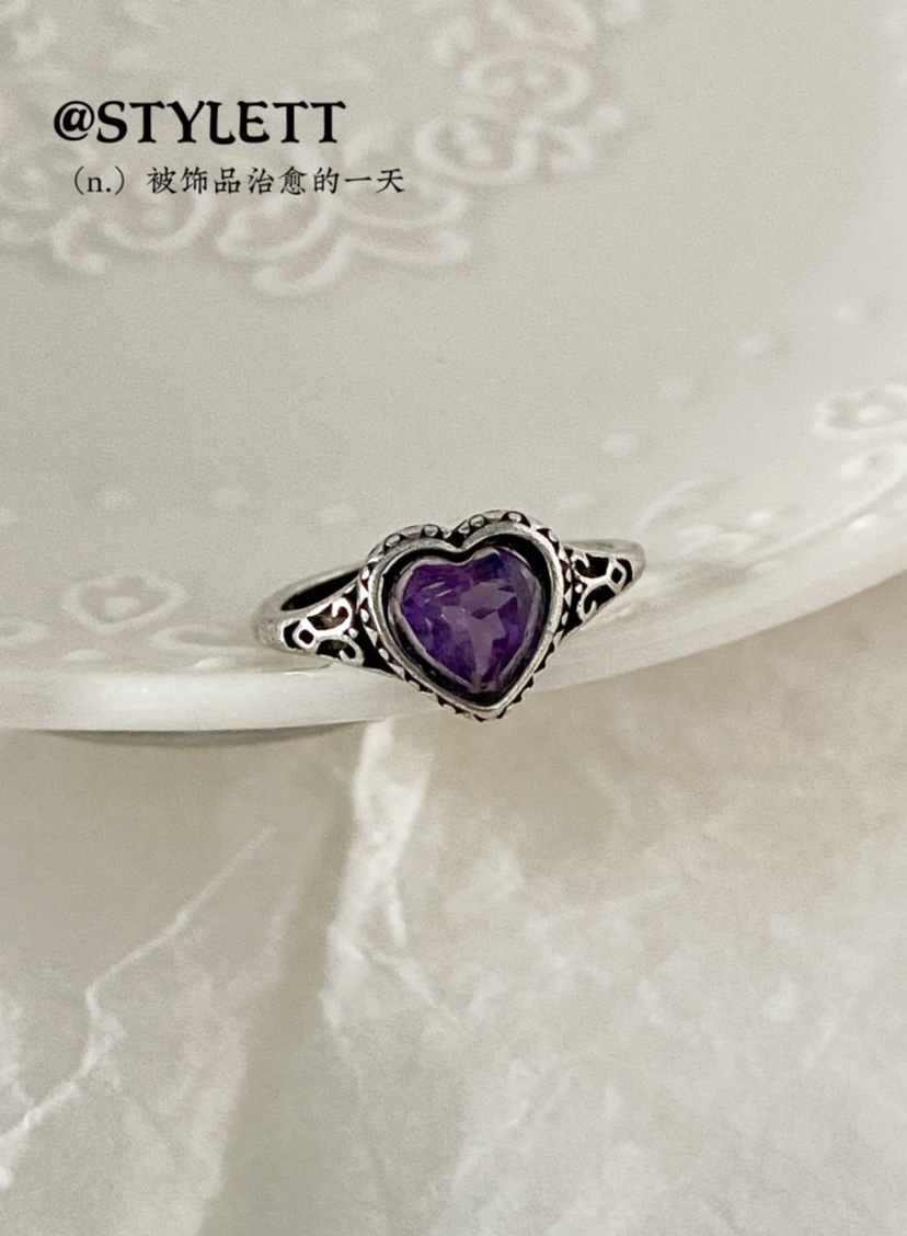 女电镀银复古紫水晶戒指爱心活口