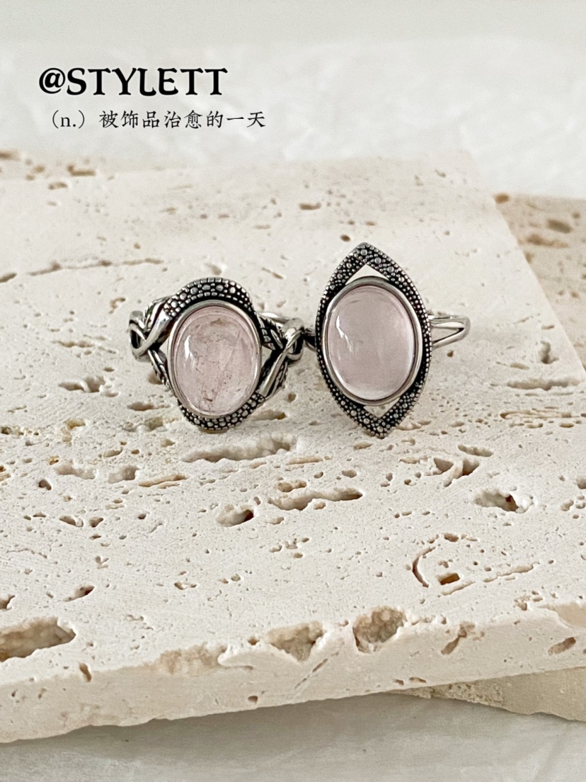 复古镀银女粉摩根石天然戒指可调
