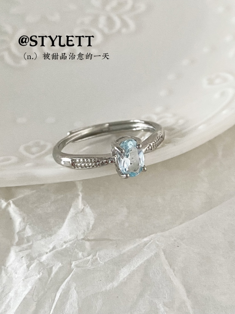 天然女电镀银简洁活口戒指托帕石