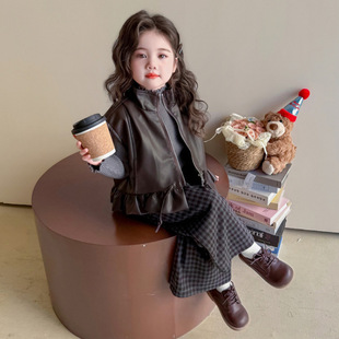 三件套春季 女童春秋套装 皮衣马甲格子阔腿裤 洋气韩版 穿搭 2026新款