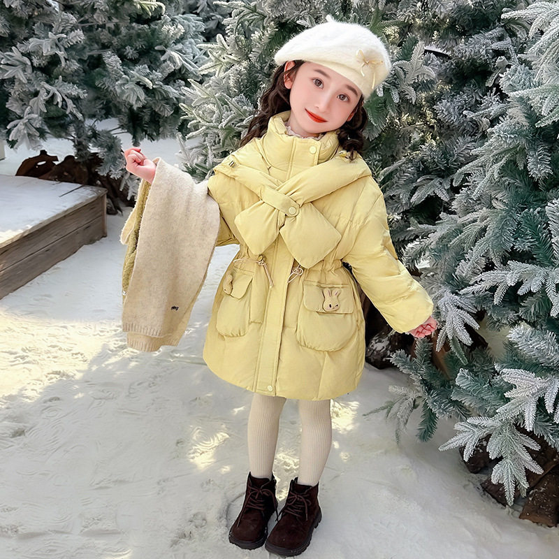 女童羽绒服冬装2025新款中长款外套洋气女宝宝加厚轻薄保暖连帽潮