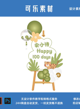 清新绿色老虎花朵宝宝宴百天周岁生日派对水牌迎宾牌指引牌PS素材