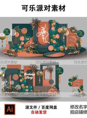 橘色与绿色气球背景主题生日派对活动指引牌源文件素材