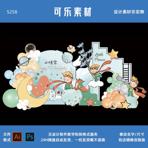 ins风手绘童话小王子宝宝宴周岁宴生日派对舞台背景布置设计素材
