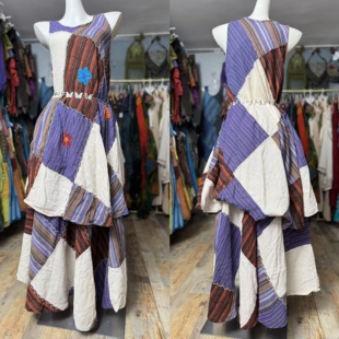 尼泊尔嬉皮士古着风纯棉扎染拼格背带裤裙子秋冬手工裙复古连衣裙