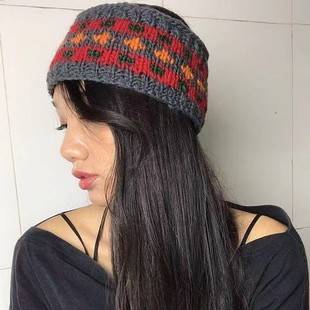 网红北欧风滑雪发带尼泊尔羊毛钩织宽版加绒里保暖发箍彩虹发套冬