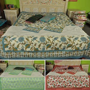 印度制纯棉手工印染波西米亚雅致繁花床品三件套床单枕套组合棉布
