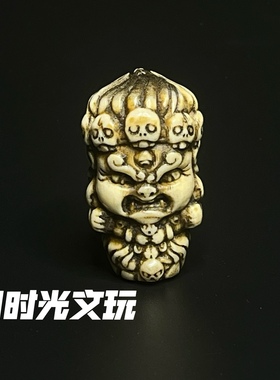 文玩旧藏正品老鹿角精雕大黑天吊坠勒子佛珠项链手串配饰男款吊坠