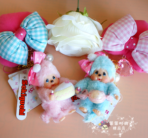 日本正版蒙奇奇Monchhichi 萌趣趣 蓝色糖果 粉色蛋糕挂件