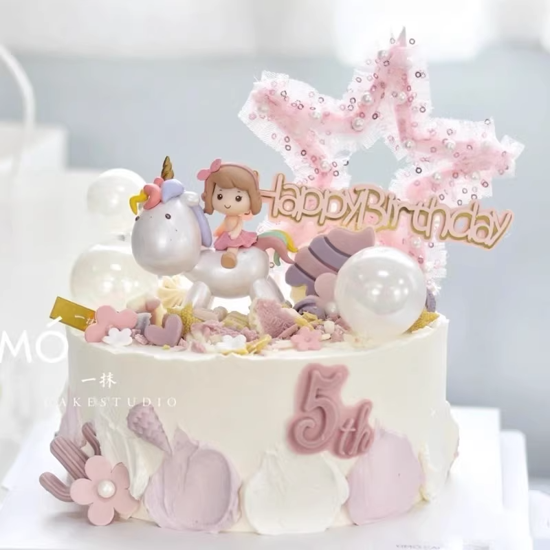 大头独角兽网红唯美女孩蛋糕装饰摆件小仙女小公主生日甜品台插件