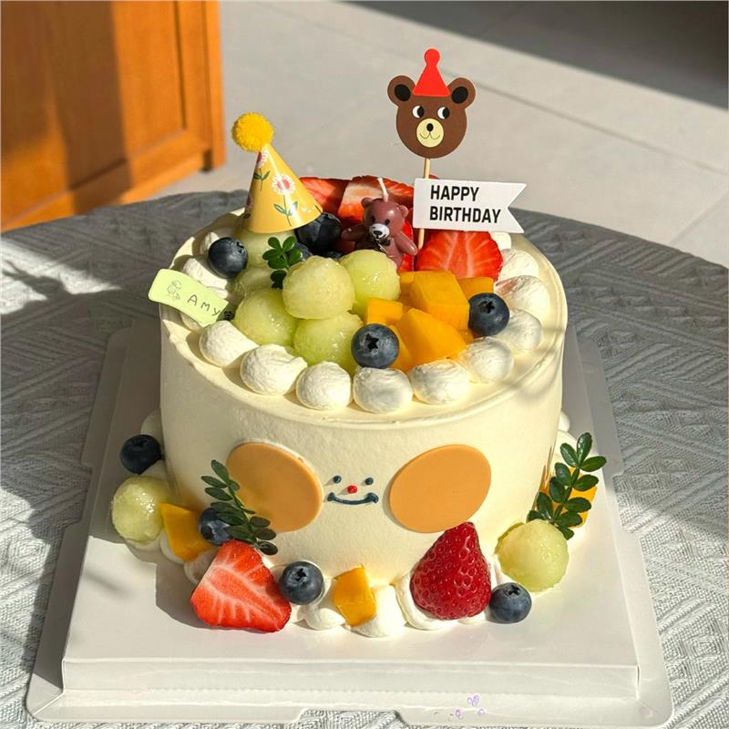 网红ins风水果蛋糕装饰卡通小熊插件HBD插旗儿童生日派对甜品插牌