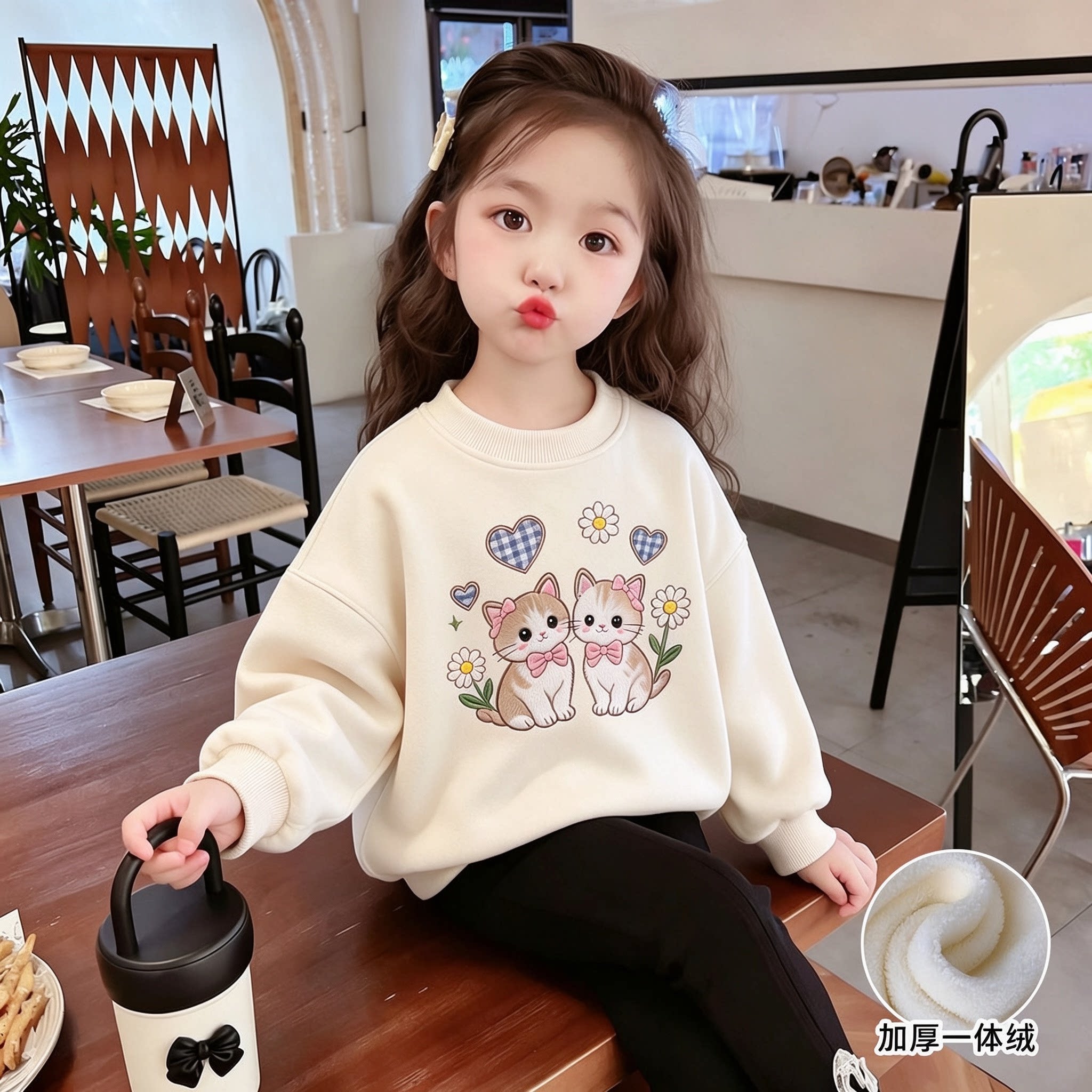 女童加绒卫衣秋冬新款宝宝加厚一体绒保暖上衣儿童冬装外穿套头衫