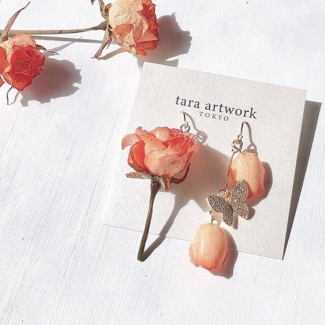 包拼邮日本代购tara artwork手工干花玫瑰耳环蝴蝶气质温柔耳夹钉