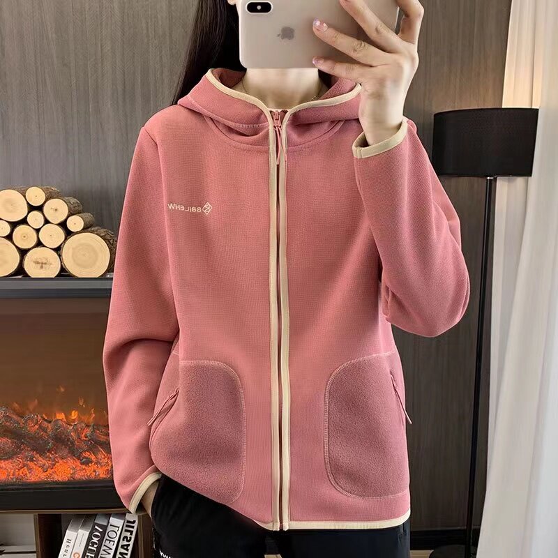 抓绒女外套春秋保暖加厚摇粒绒连帽开衫上衣女冬季运动跑步登山服