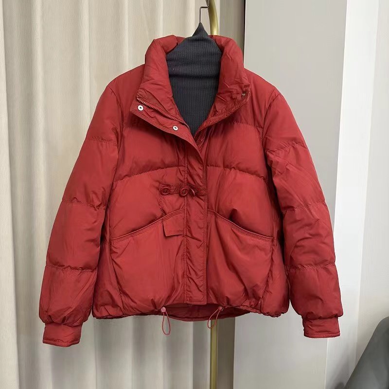 冬季新款羽绒服女短款立领宽松白鸭绒保暖外套红色冬装面包服年服