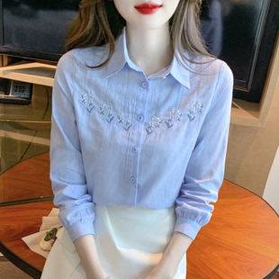 新款 2026春秋季 上班职场OL风休闲白色纯棉衬衣 女长袖 绣花全棉衬衫