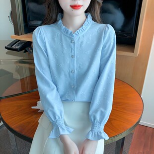 春秋季2025年新款女装气质减龄木耳领衬衫女长袖时尚提花上衣洋气