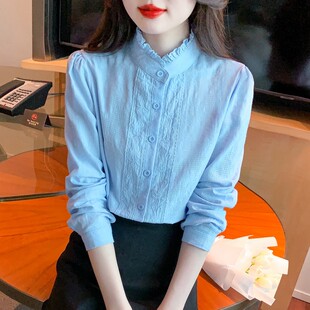 2025春秋季 刺繡純棉襯衫 女洋氣全棉提花女士襯衣長袖 立領上衣 新款
