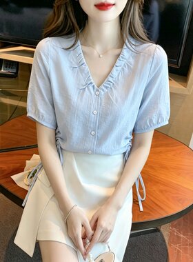 衬衫女小个子V领排扣收绳腰