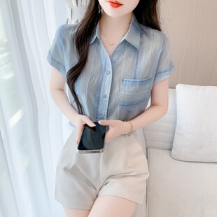雪纺衬衫女设计感小众2026夏季新款韩版宽松短袖女士衬衣百搭上衣