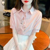 新款 女洋气全棉刺绣短袖 女装 减龄衬衣纯棉衬衫 上衣 时尚 2025年夏季