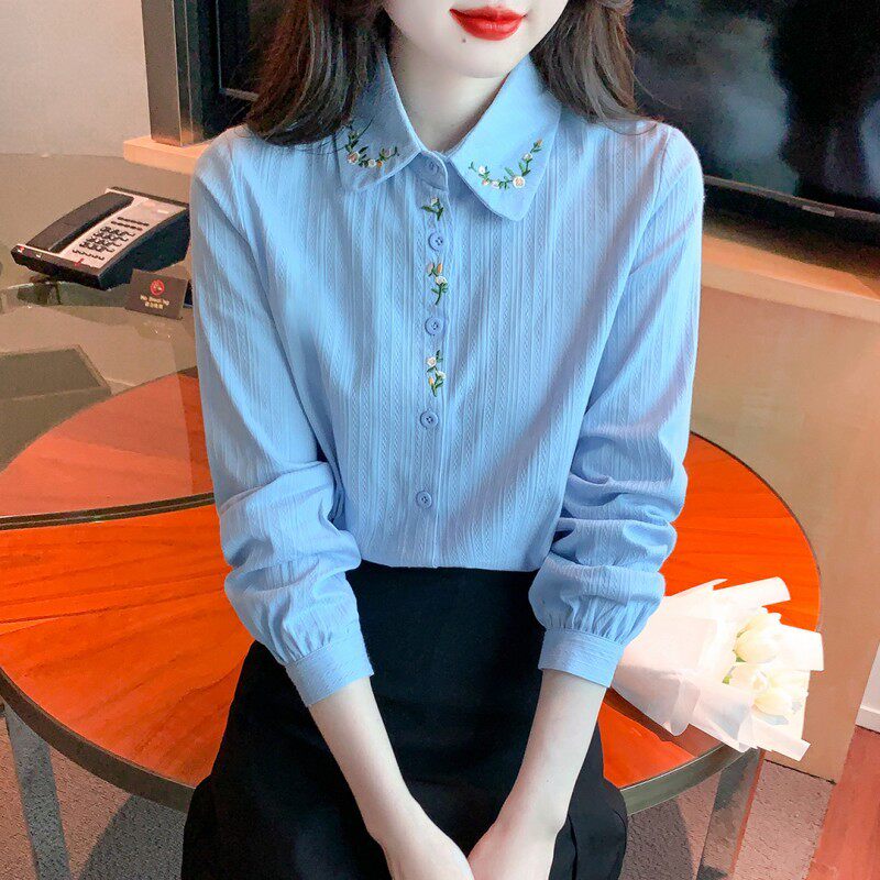 2026年春秋季新款时尚减龄刺绣纯棉衬衫女洋气全棉宽松遮肚子上衣