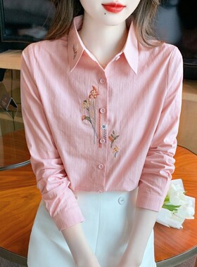 2025年春季新款女装时尚减龄衬衣纯棉衬衫女洋气全棉刺绣长袖上衣