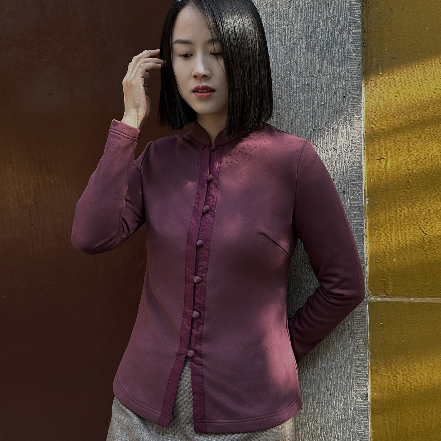 图雅衣香 原创衬衫女设计感小众 纯棉加厚针织长袖立领修身打底衫