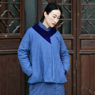 图雅衣香 蓝色土布拼丝绒领连肩袖A字摆短款精致棉袄