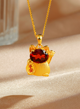 S925银招财猫天然红石榴金色吊坠